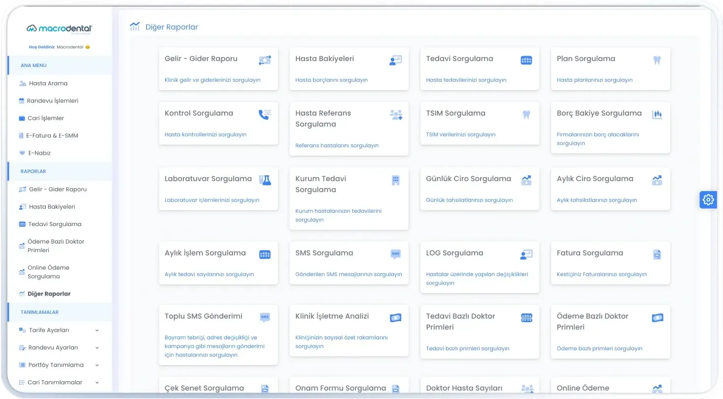 Macrodental Cloud Berichts- und Analysebildschirm