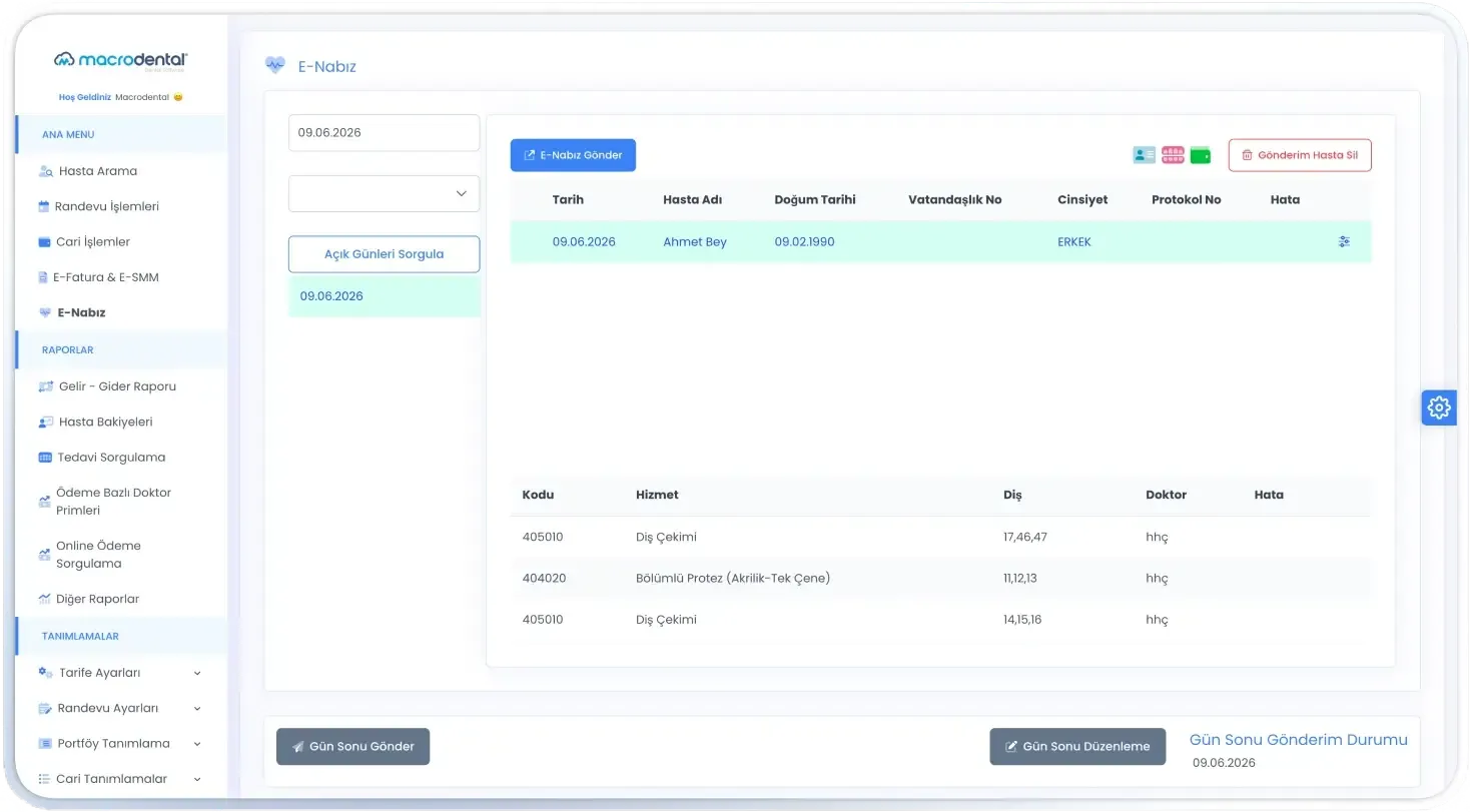 Macrodental Cloud e-Nabız und e-Rechnung Bildschirm